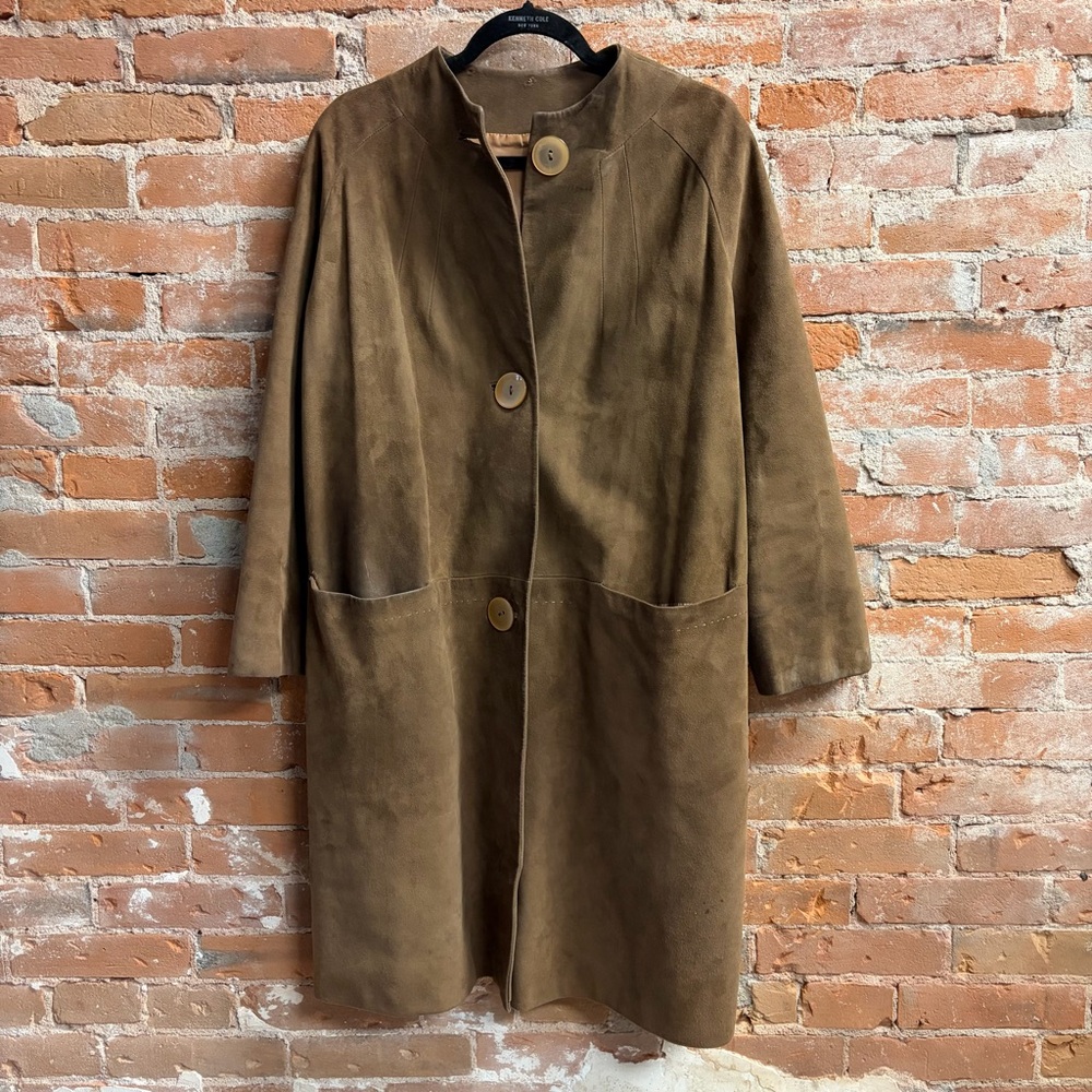Vintage 60’s Caramel Brown Suede Collarless Jacket Coat w/ Pockets & Buttons